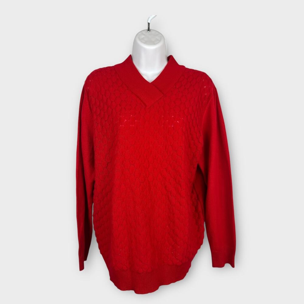 Vintage Maurada Women's Large Red Knit Fish Scale High V-Neck Sweater Preppy‎